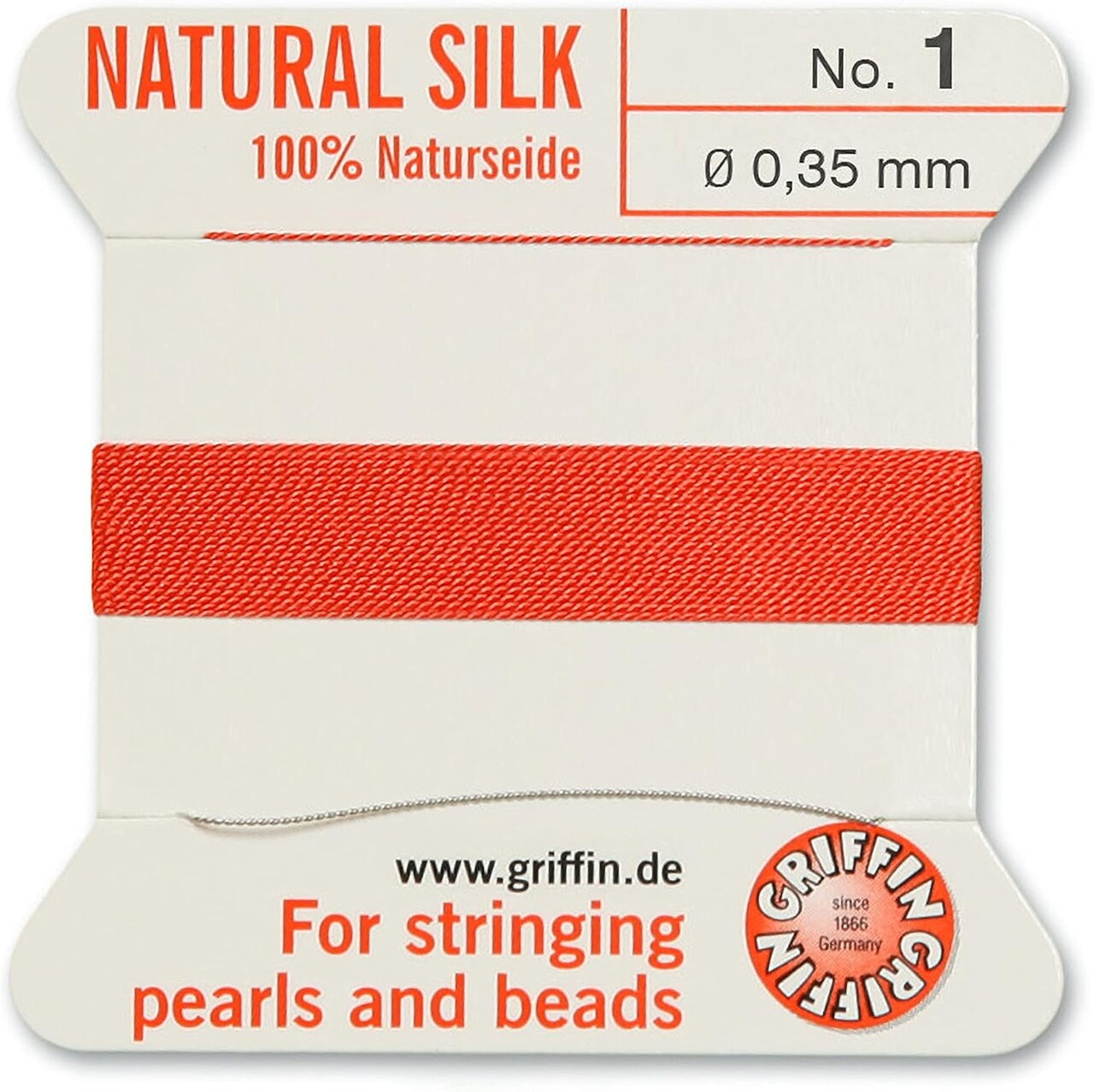 Griffin Silk Bead Cord Perlseide – Size 1 (0.35mm) – 2 Meters per Card – Stainless Steel Needle Attached – for Knotting Pearls, Gemstones, Crystals and Beads